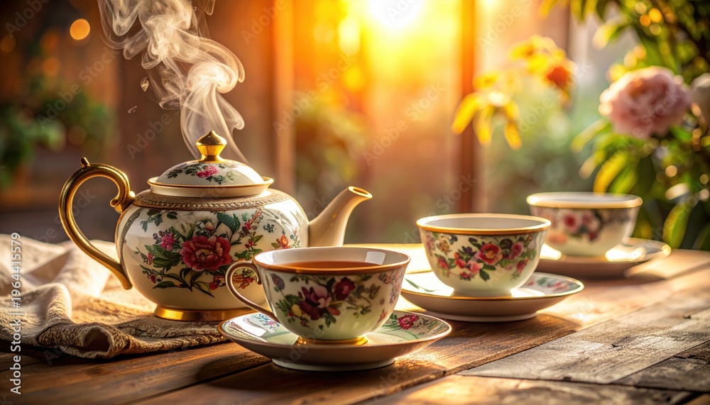 Fototapeta premium Elegant floral ceramic tea set with steaming cups and teapot, bathed in warm sunlight.