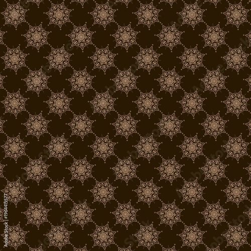 Luxury gold geometric star mandala seamless pattern on dark brown background. Elegant Islamic floral ornament for traditional batik textile, wallpaper, and vintage ethnic gift wrapping paper