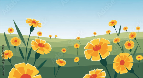 Yellow wildflowers bloom across rolling green hills under a clear blue sky
