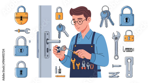 Expert Locksmith at Work: A skilled locksmith meticulously repairs a door lock, surrounded by various tools of his trade. Shows professional precision and security expertise.