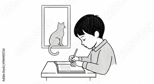 Young child focused on writing in a book, with a cat silhouette in a window
