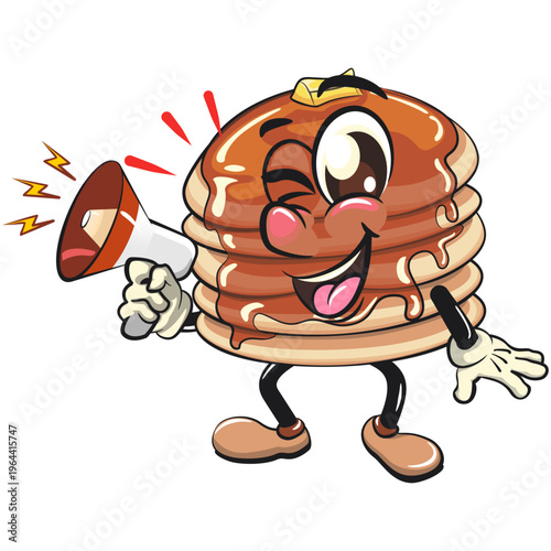 funny pancake stack cartoon mascot with syrup and butter breakfast food vector out loud with a loudspeaker, work of hand drawn