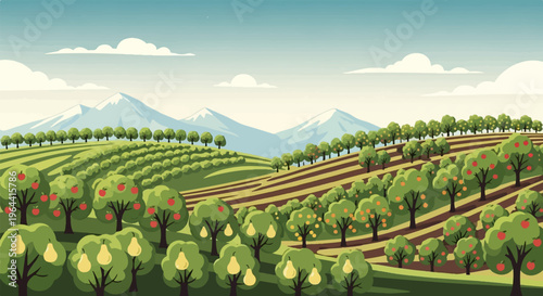 Rolling hills with orchards of apples, pears, and citrus beneath distant mountains