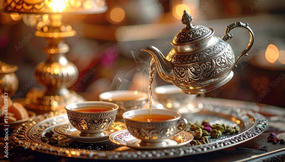 Fototapeta premium Ornate Silver Teapot Pours Hot Beverage into Cups on a Decorative Tray