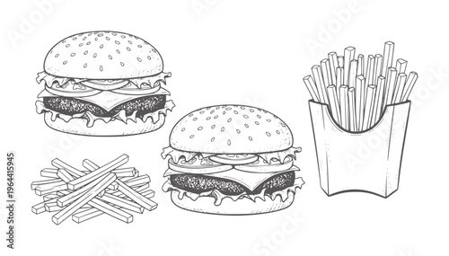 Hand drawn burgers and french fries in a style hamburger fast