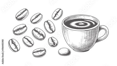 Hand drawn coffee cup with swirling liquid and scattered coffee beans drink beverage