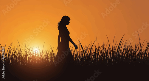 Silhouette of a woman walking through tall grass at sunset