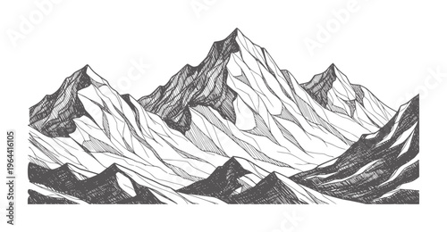 Hand drawn of jagged mountain range peaks in monochrome mountains