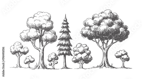 Hand drawn of diverse trees in a forest line up nature woodland foliage