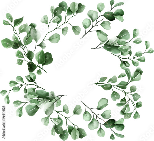 水彩タッチのグリーンリーフで構成されたナチュラルリースフレーム 手描き風の優しい植物装飾素材