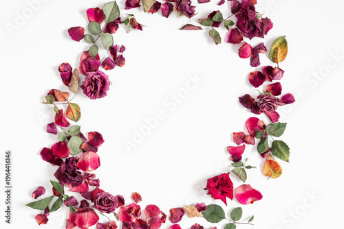 Floral frame made of dried red pink rose flowers, petals and green leaves on white background. Flat lay, top view. Romantic elegant composition with copy space for text.