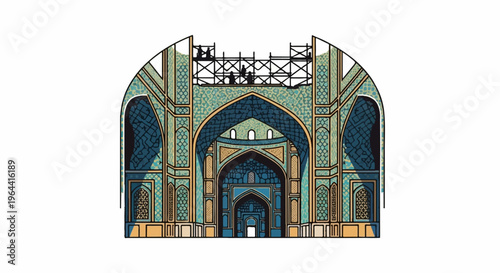 Ornate blue and green tiled building entrance with scaffolding above