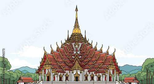 Ornately decorated golden-roofed temple structure with tiered rooftops