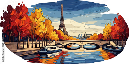 Parisian river scene with Eiffel Tower and autumn trees