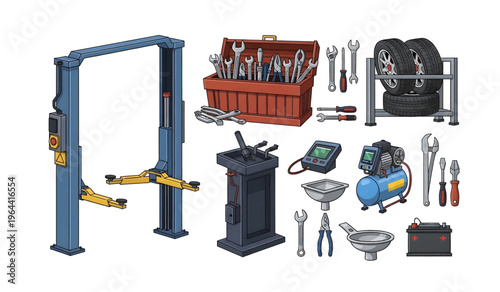 Collection of Car repair tools and equipment set.