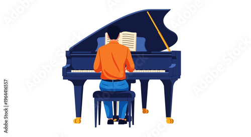 Illustration of a man playing a grand piano with sheet music in a minimalist style