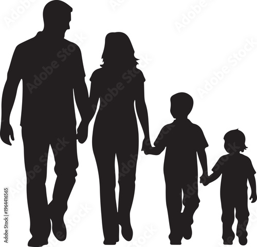 Family walking silhouettes, black family icons, parent child walking, vector family illustrations