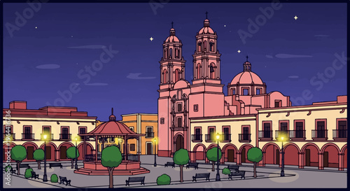 Pink church towers and domed building overlook plaza with gazebo and lamplit trees at night
