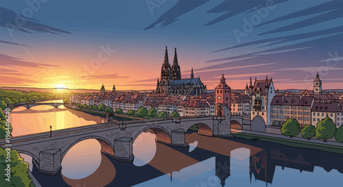 Pixelated cityscape with cathedral and river at sunset