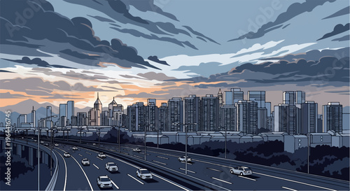 Pixelated cityscape with highway traffic under a cloudy, pastel sunset