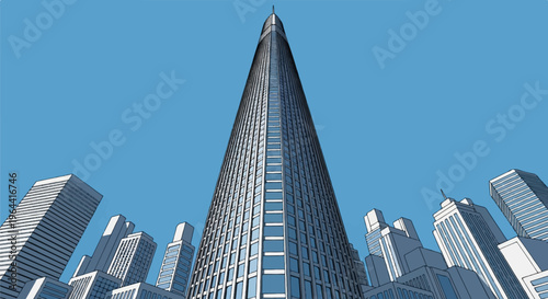 A low-angle view of a tall skyscraper surrounded by other buildings under a clear blue sky