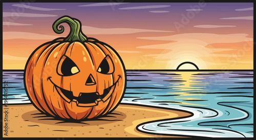 A grinning jack-o'-lantern sits on a sandy beach as the sun sets over the ocean