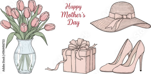 Pink tulips, gift box, high heels, and a wide-brimmed hat