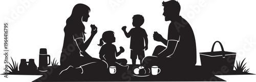 Family picnic silhouette, black vector illustration, outdoor meal, parent child recreation