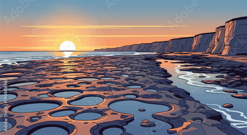 Pixel art of a rocky coastline with tide pools at sunset
