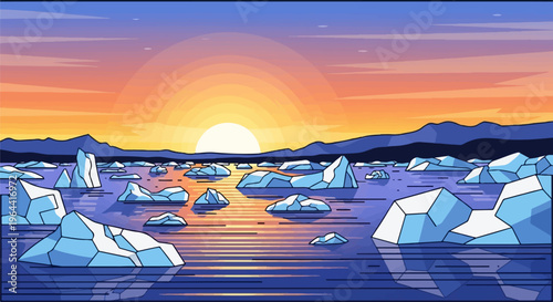 Pixel art of icebergs floating on water at sunset