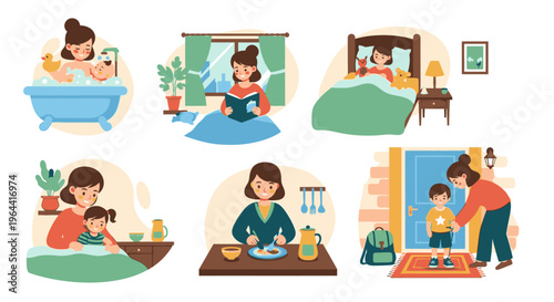 A mother engages in daily activities with her child at home indoors.