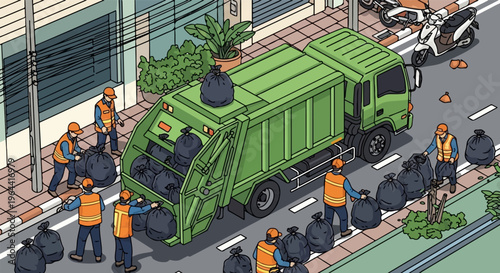 Workers collect trash bags with a green garbage truck on a street