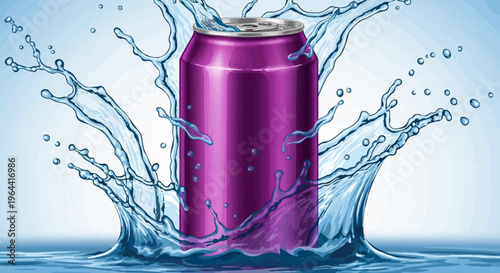 Refreshing purple can submerged in a dynamic splash of water