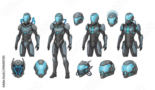 Collection of Futuristic robotic humanoid figures with helmets.
