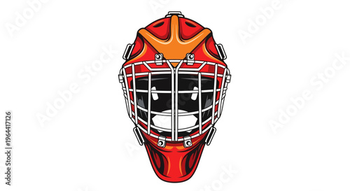 Illustration of a red and orange ice hockey goalie mask on a white background