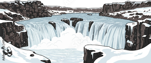 A pixelated winter scene depicts a powerful waterfall cascading over rocks