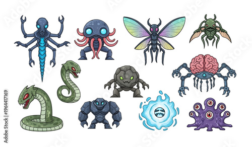 Collection of Colorful fantasy creatures and monsters.