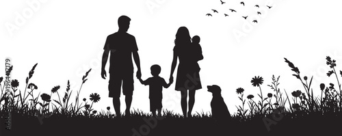 United Family Silhouette in Nature Parents, Child, and Baby with a Dog Stand Amongst Wildflowers and Flying Birds, Portraying Love, Security, and Outdoor Serenity