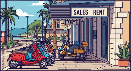 Scooters parked by a shop on a sunny day by the coast