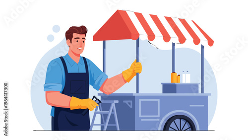 Street Vendor at Work: A street vendor is seen diligently working at their cart, preparing for customers.