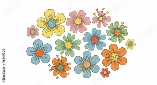 A collection of colorful embroidered flowers in various shapes and sizes