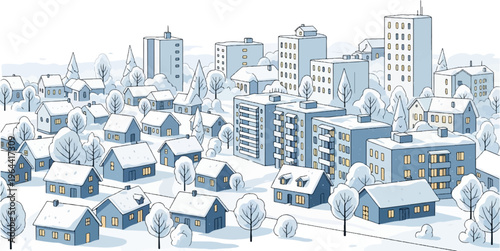 A charming winter village scene with snow-covered roofs and lit windows