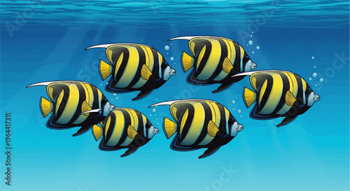 Six striped fish swim in blue ocean water with light rays