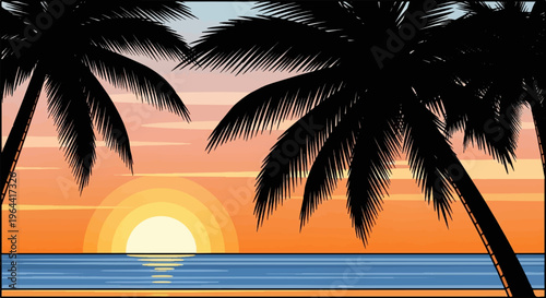 Silhouetted palm trees frame a vibrant sunset over calm ocean waters