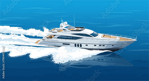 A sleek white yacht glides through choppy blue water, leaving a foamy wake