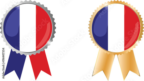 Two award rosette badges with France flag colors blue white red tricolor, silver and gold ribbons, vector illustration concept for national events, celebrations and patriotic graphics