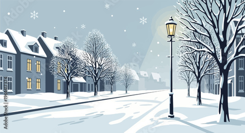 Snowy street with glowing lamppost and snow-covered houses