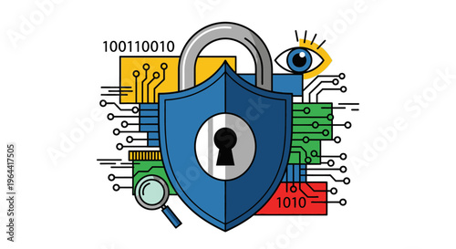 A shield with a padlock and eye protects digital circuitry and data