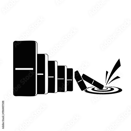Falling dominoes with water splash silhouette. Vector illustration of chain reaction and ripple effect. Concept of consequence and impact