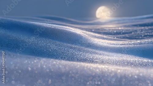 Peaceful Winter Landscape of Frosty Snow Dunes with Blurred Full Moon